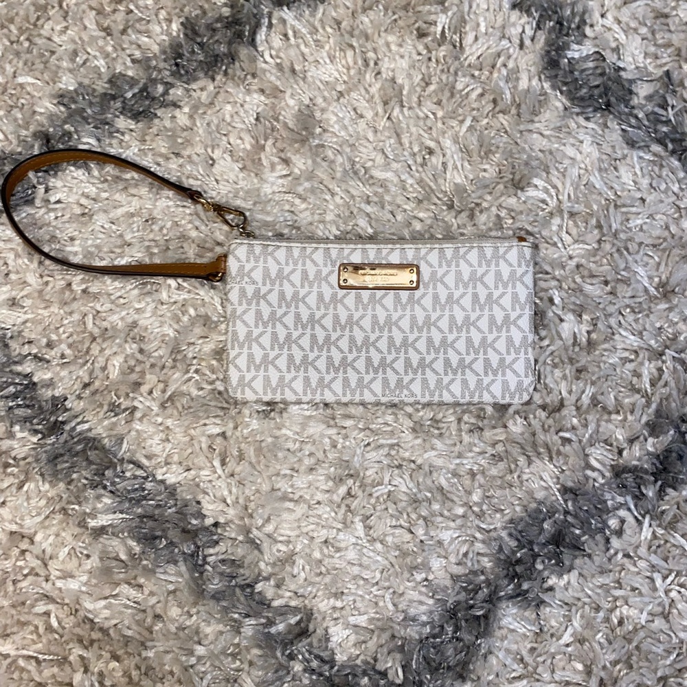 Michael Kors White Monogram Wristlet with Brown Faux Leather Accents